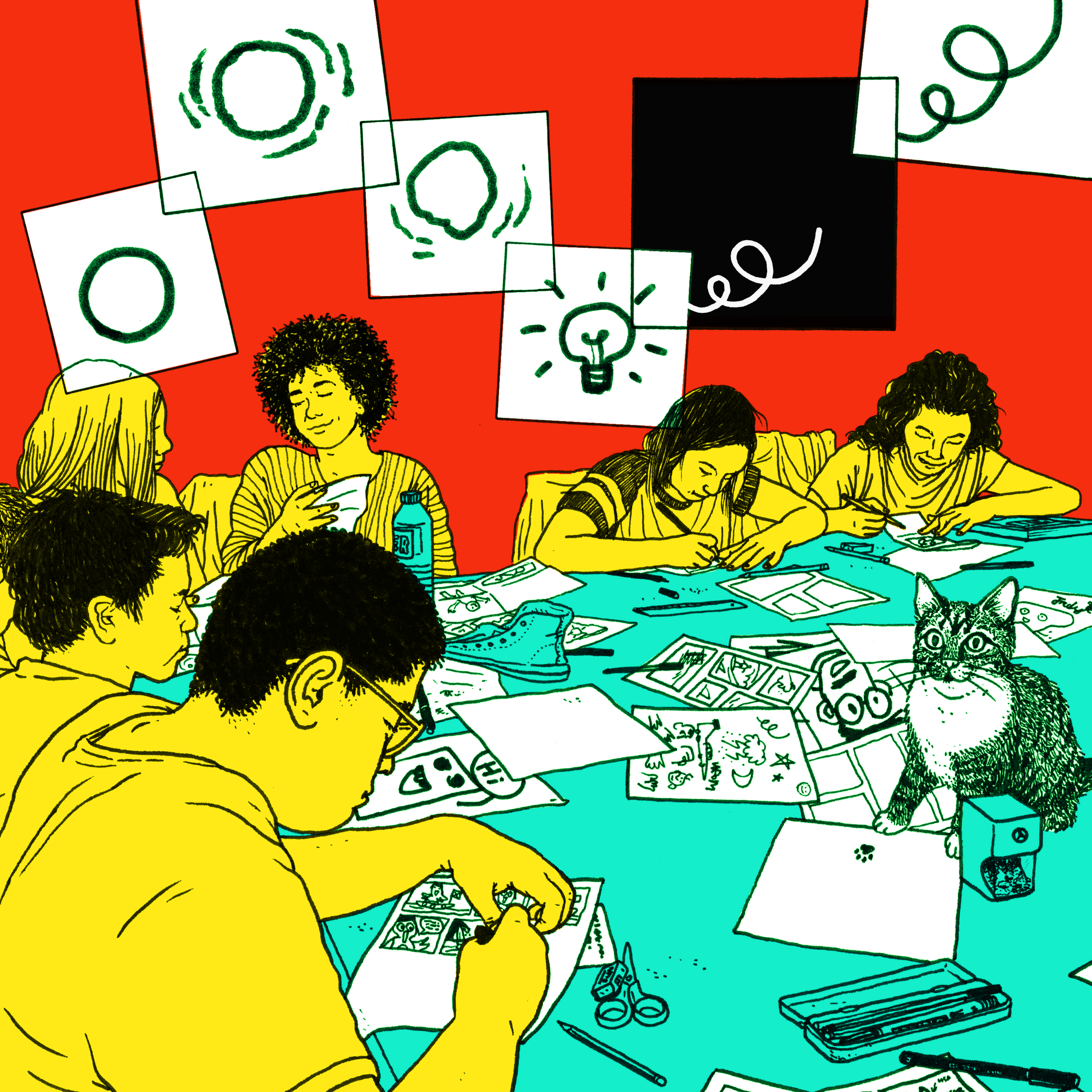 Eine Illustration. Eine Gruppe Jugendlicher sitzt an einem Tisch. Mehrere Personen zeichnen Comics.